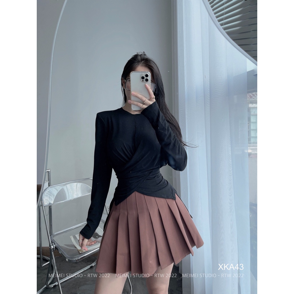 Áo len nữ mongtoghi vạt chéo - Áo ôm body dài tay, cổ tròn, vải len co giãn, dễ phối đồ | XKA43 | Meimei Studio