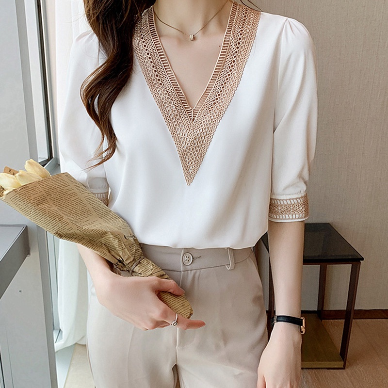 IELGY  Áo Sơ Mi chiffon Tay Ngắn Cổ Chữ V Dáng Ôm Thời Trang Dành Cho Nữ