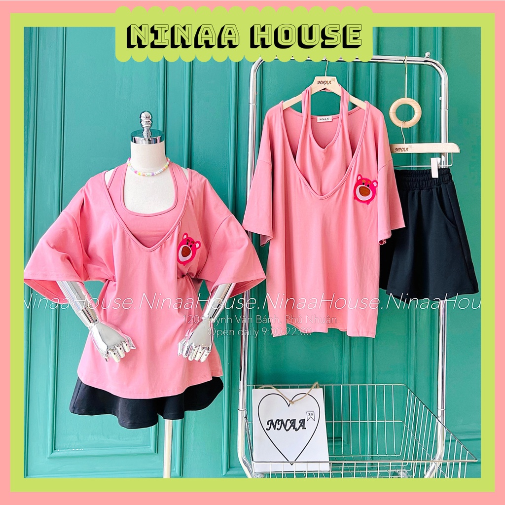 Set Hai Áo Thun Thêu Gấu Dâu Kèm Quần Đùi Xoè Giả Váy - Ninaa House