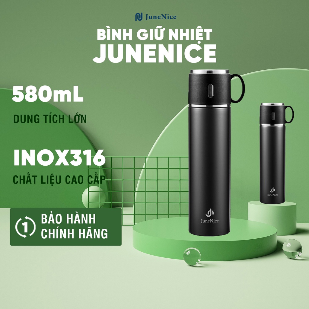 Bình giữ nhiệt JN june nice 580ml, bên trong là inox 316 bên ngoài được bọc bởi inox 304, nắp đậy của bình tiện lợi