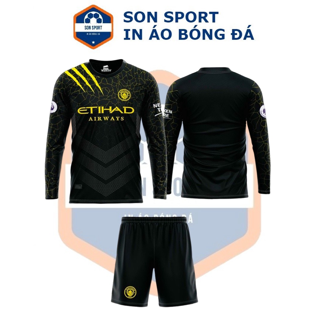 Bộ quần áo bóng đá Dài tay Thun thái CLB Manchester City xanh, trắng, đen
