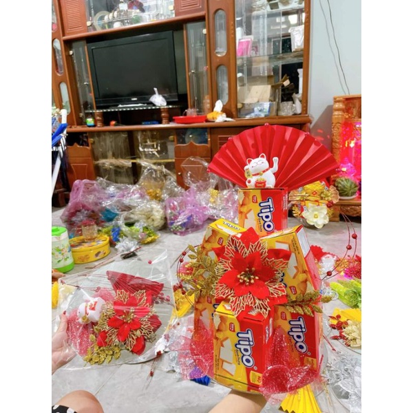 Set hoa lụa phụ kiện làm tháp tài lộc tháp bánh tháp nước ngọt kèm đế bìa