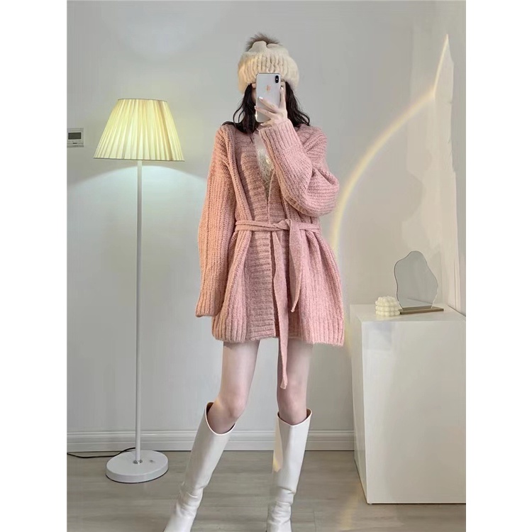 Áo Khoác Cardigan Dệt Kim Dáng Rộng Cột Dây Thời Trang Xuân Thu Phong Cách Mới Cho Nữ