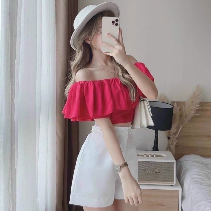 Áo trễ vai nữ tay phồng 2 lớp nhún lưng ôm dáng bánh bèo hottrend