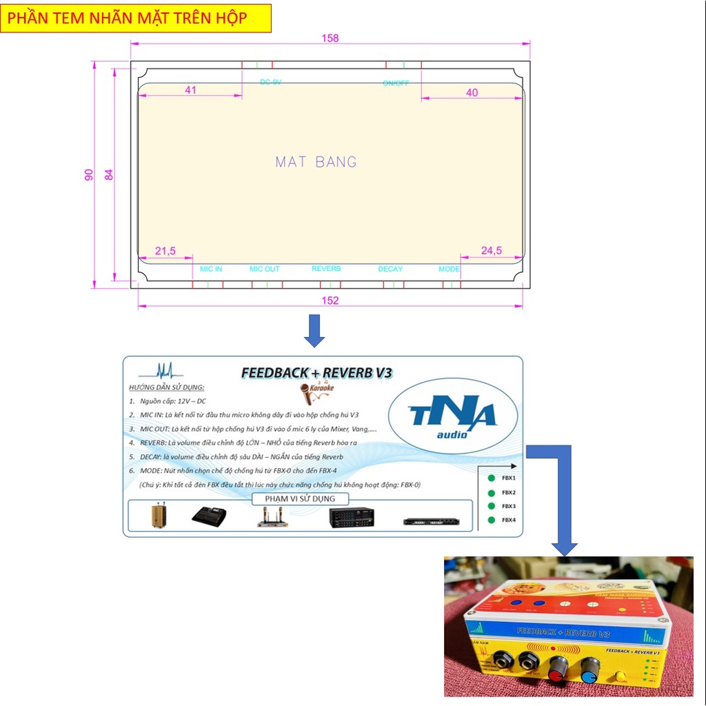 Bộ Tem Dán Hộp Chống Hú Reverb V3 Tâm Nam Kích Thước Hộp 158x90x60mm