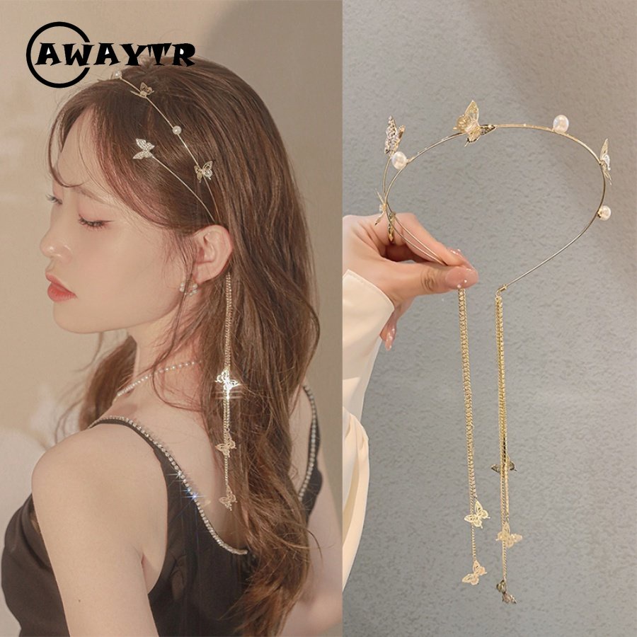 Băng Đô Cài Tóc Bằng Hợp Kim Mỏng Đính Đá & Ngọc Trai Hình Bướm Phong Cách Hàn Quốc Cho Nữ