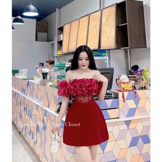 Đầm váy nhung tơ bèo ngực trễ vai phối ren đính ngọc