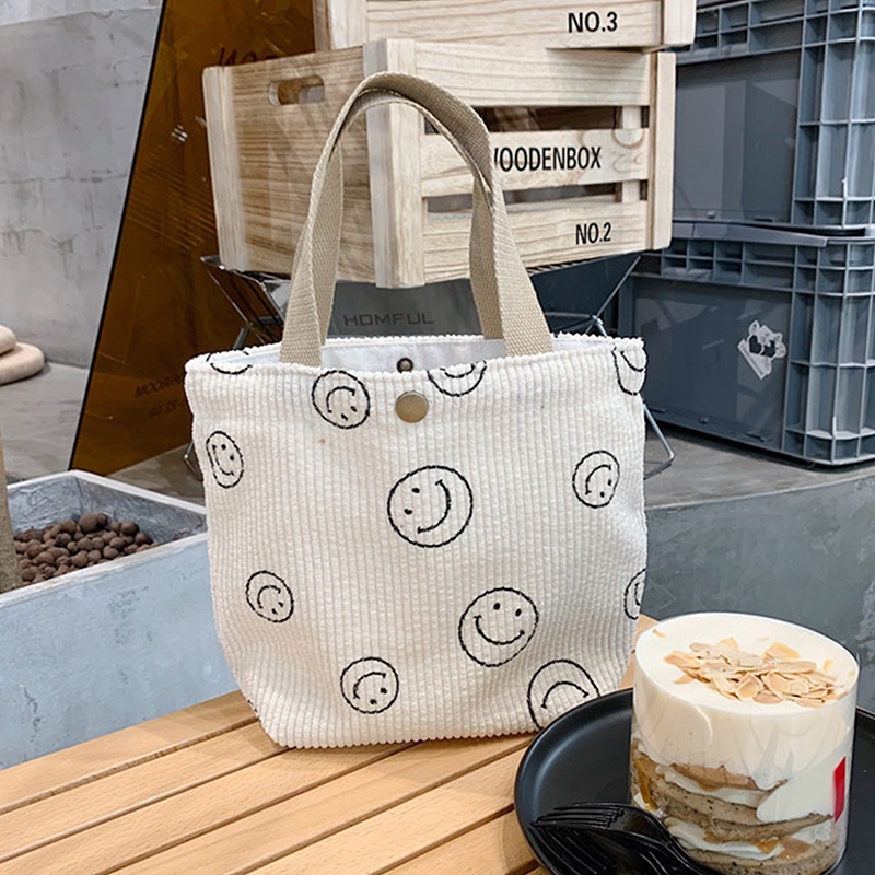 Ygt Túi Tote Mini Đựng Hộp Cơm Trưa Họa Tiết Kẻ Sọc / Mặt Cười Phong Cách Retro Nhỏ Gọn Cho Nữ Sinh