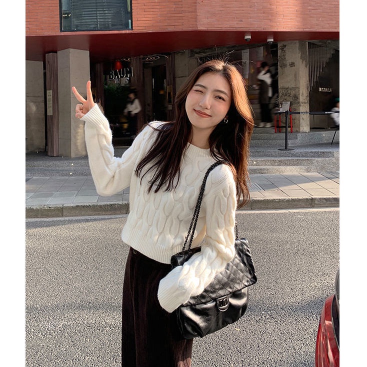 Áo Sweater Dệt Kim Dáng Ngắn Màu Xanh Dương Thời Trang Thu Đông Mới Cho Nữ