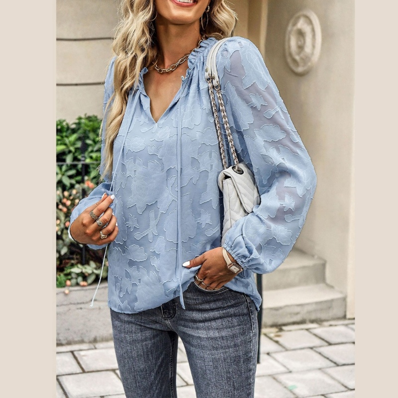 Áo Voan Hoa Tay Phồng Dài Cổ Chữ V Phối Bèo Xuyên Thấu Phối Dây Rút Cá Tính Cho Nữ