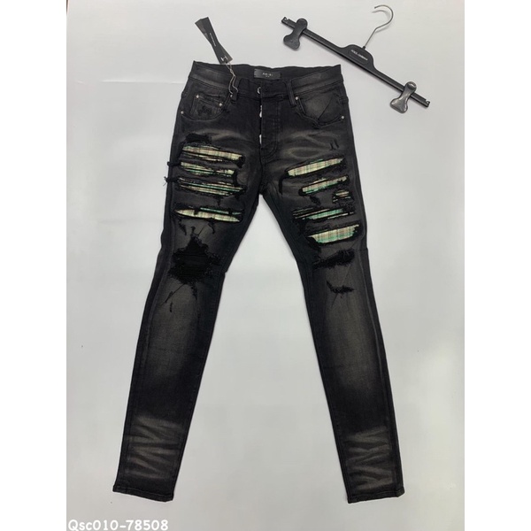 Quần jean skinny Amiri nam wash đen xám rách xước đùi gối vá vải nhăn hoạ tiết kẻ xanh be ống xếp sóng likeauth