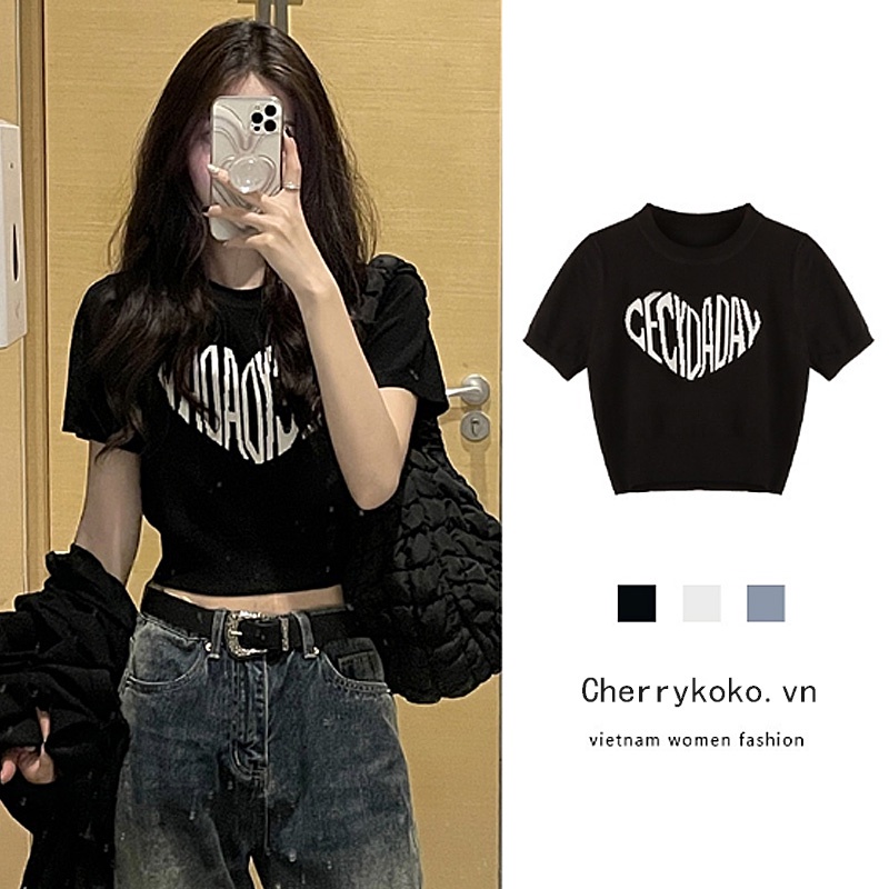 🌱🌱Áo Croptop Tay Ngắn Dệt Kim In Họa Tiết Phong Cách Hàn Quốc Quyến Rũ Cho Nữ, Áo thun croptop Nữ 2023