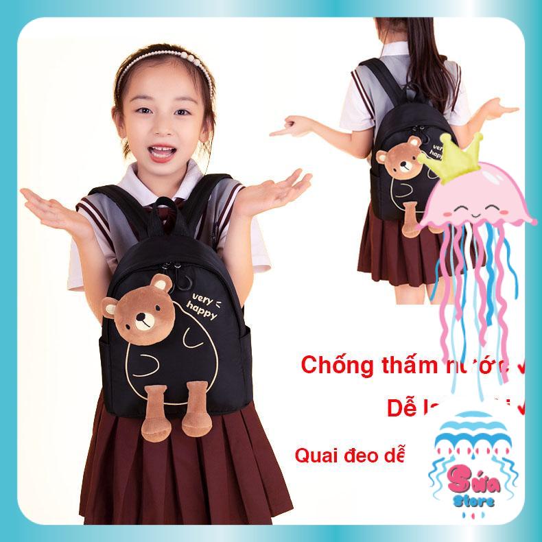 Balo cho bé đi học mầm non màu đen gắn hình gấu bông màu nâu nổi siêu cute, sạch sẽ cho bé trai bé gái BL08