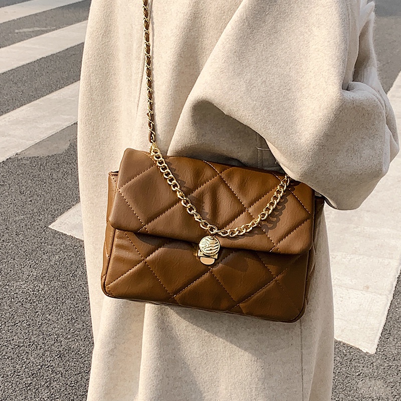 IELGY Túi Đeo Chéo Hình Vuông Nhỏ Màu Nâu Đính Kim Cương Giả Dễ Phối Đồ Thời Trang Cho Nữ