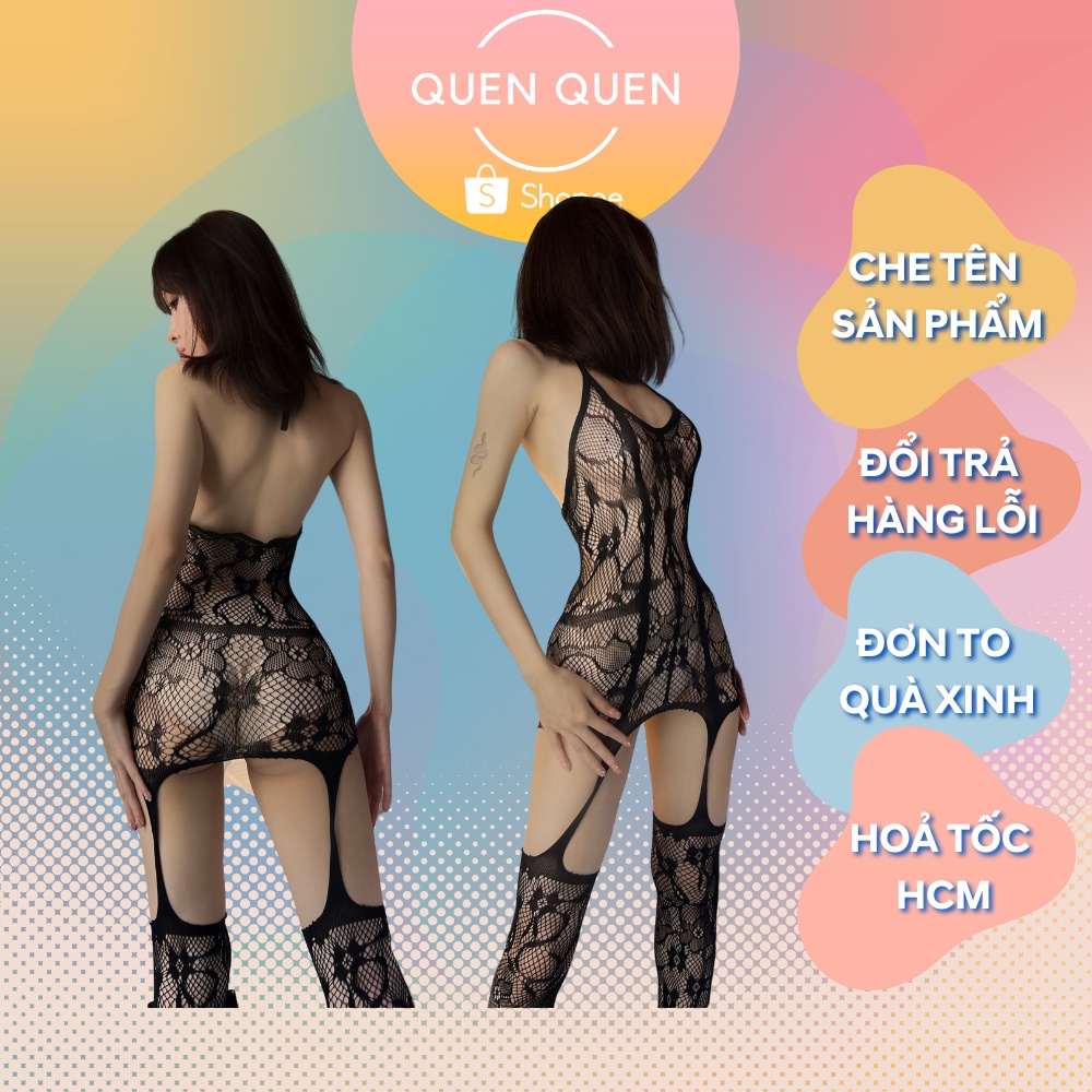 Đồ ngủ sexy QUENQUEN đồ ngủ nữ ren lưới màu đen freesize 287