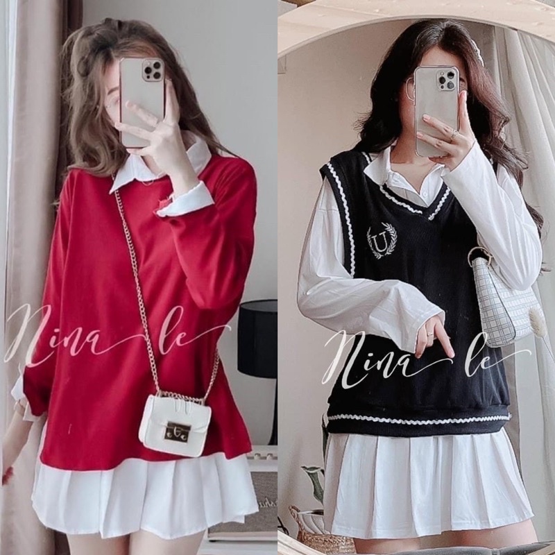 SET ĐẦM POLO TRẮNG PHỐI CHÂN PLI KÈM ÁO GHILE GÂN NAVY VIỀN (về thêm đỏ)