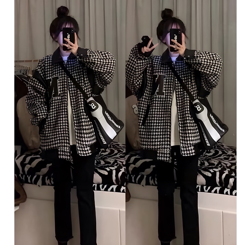 Áo khoác dạ tweed bomber 3D chữ N kẻ caro from rộng dài tay cổ bẻ phối da Ulzzang Unisex nam n