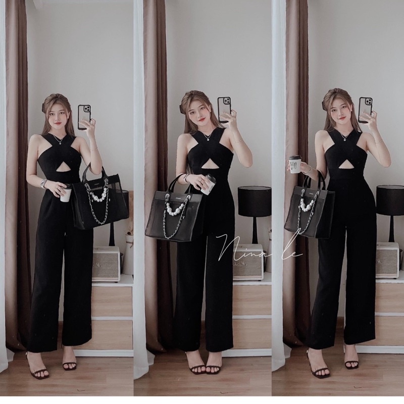 Jum chéo ngực quần suông dài hot, set nhã phương màu đen sang choảnh