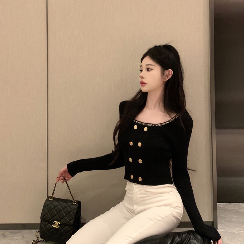 COZOK Áo Dệt Kim Tay Dài Cổ Vuông Dáng Ôm Quyến Rũ Thời Trang Cho Nữ