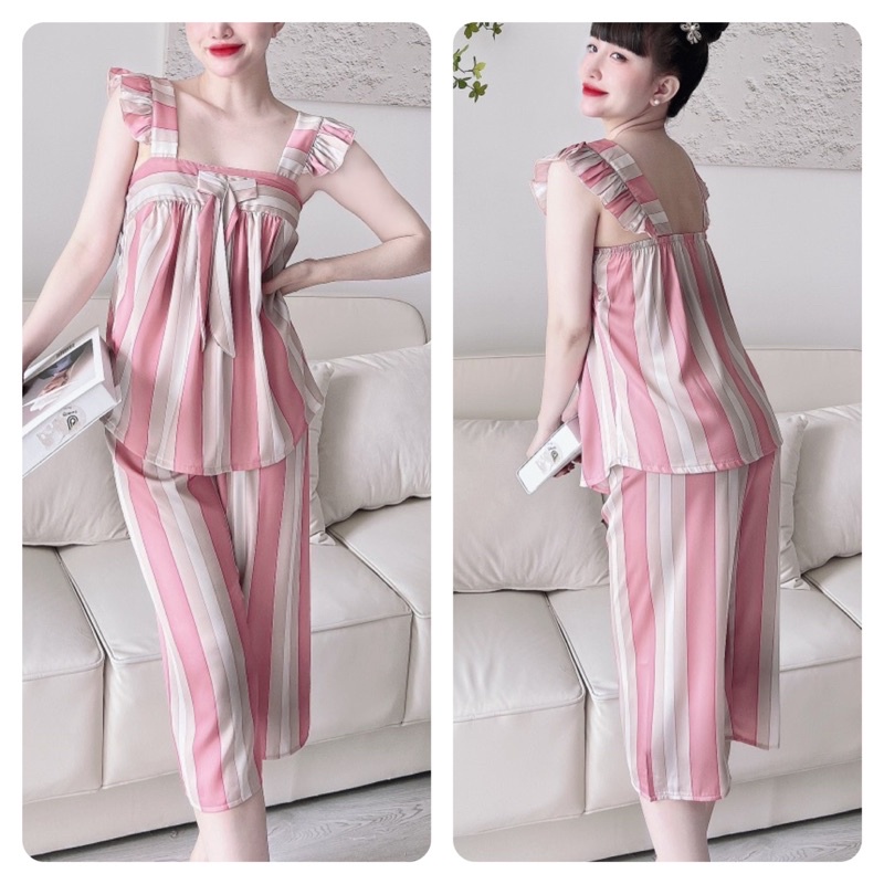 Set đồ bộ nữ áo dây cánh tiên cổ vuông và quần lửng lưng chun vải lụa tơ tằm cao cấp