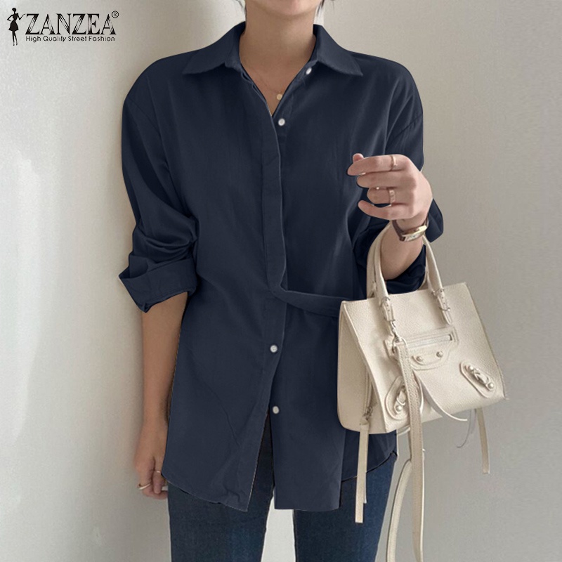 Áo sơ mi nữ ZANZEA tay dài cổ bẻ màu trơn đơn giản thời trang