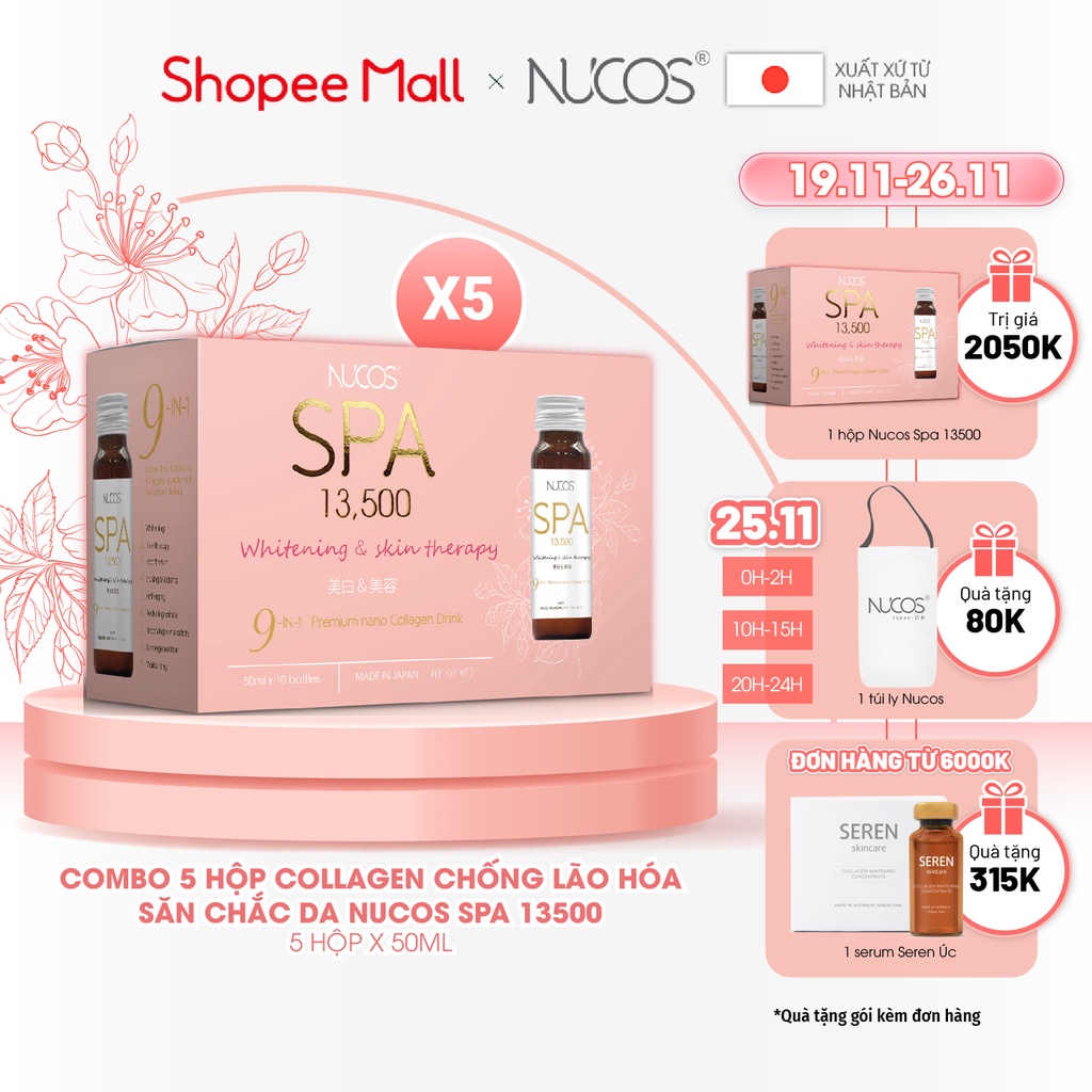 Combo 5 hộp collagen uống chống lão hóa phục hồi da Nucos Spa 13500 50ml x 5 x 10 chai
