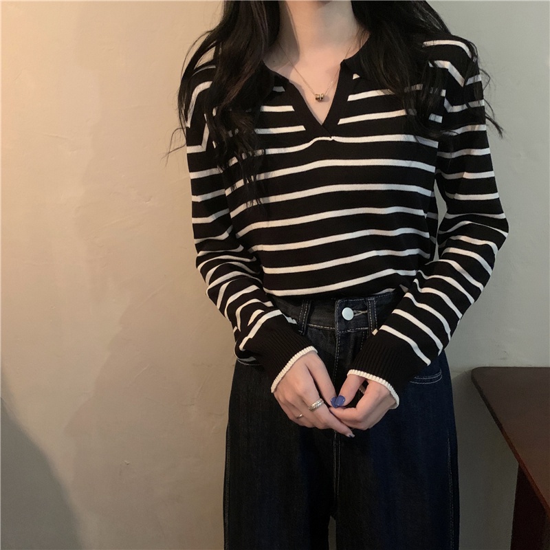 IELGY IELGY Áo polo Dệt Kim Tay Dài Kẻ Sọc Cá Tính Cho Nữ