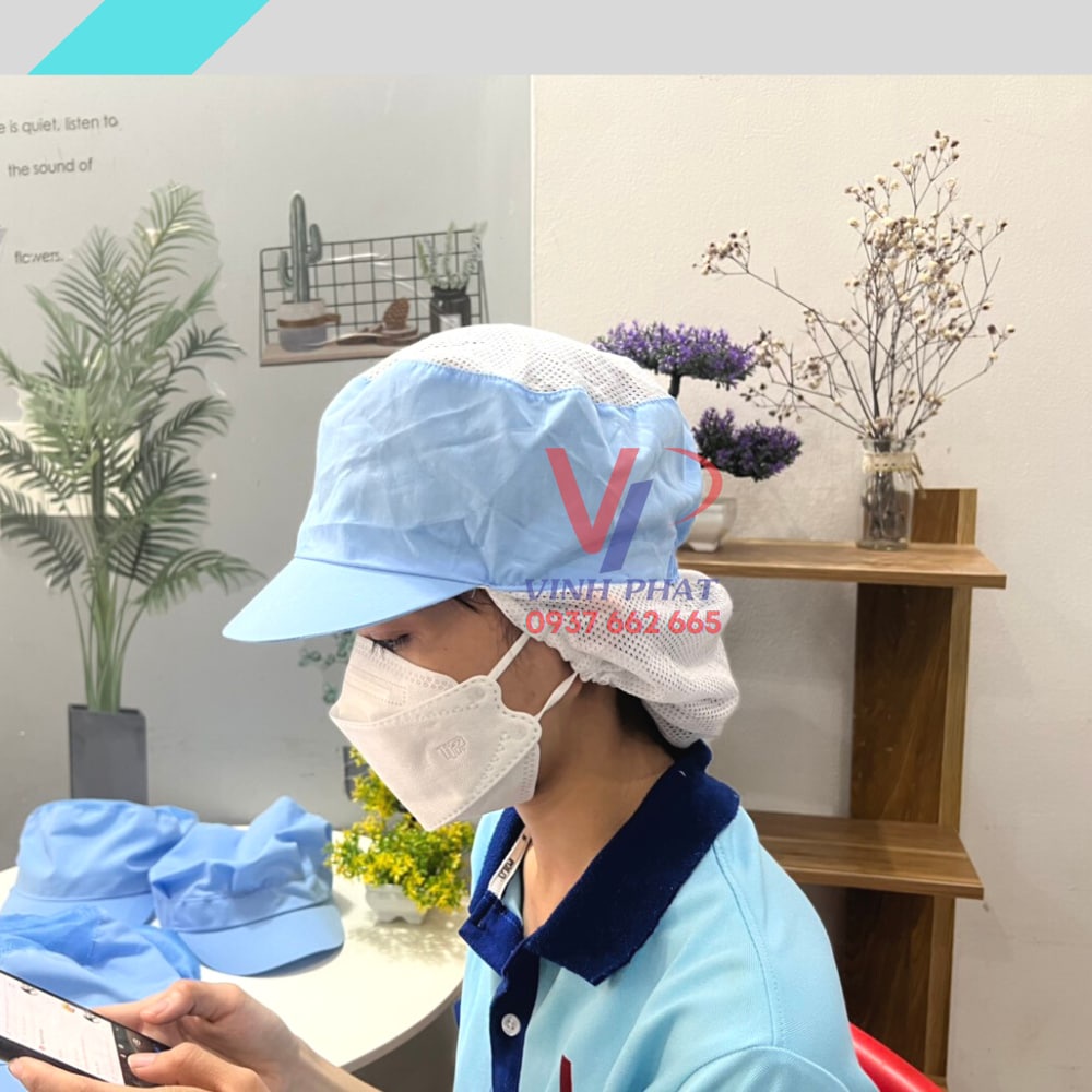 Nón Vải Trùm Tóc Công Nhân Sản Xuất Thuỷ Sản, Thực Phẩm Màu Xanh - Mũ Vải Trùm Tóc Bảo Hộ Màu Xanh Cao Cấp.