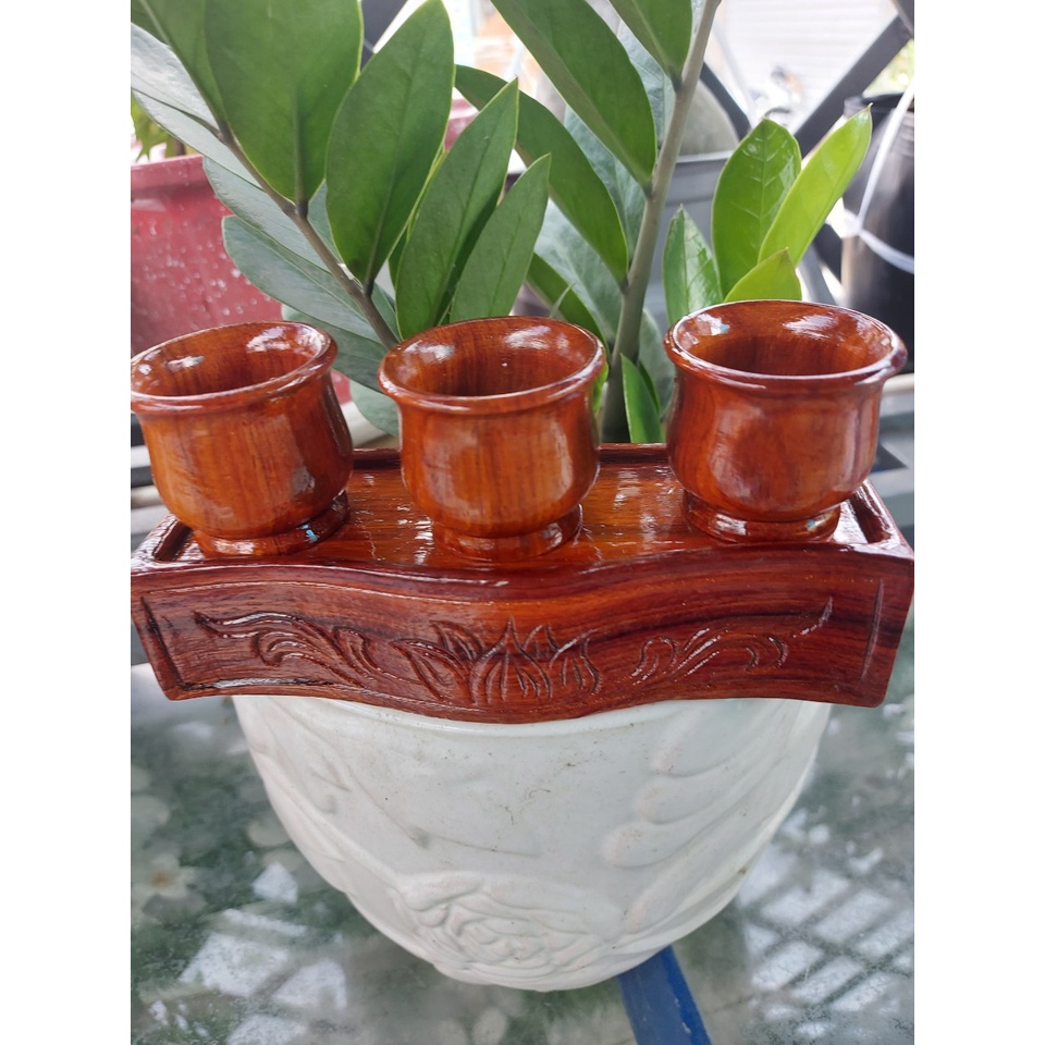 Bộ 3 ly và 5 ly nước thờ cúng gỗ hương nguyên khối cao cấp có đế chạm khắc hoa sen - 15x5cm