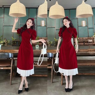 Áo dài nhung đỏ, Set áo dài cách tân tết 2023 kèm chân váy dập ly cổ tàu tay phồng dễ thương có size lớn.