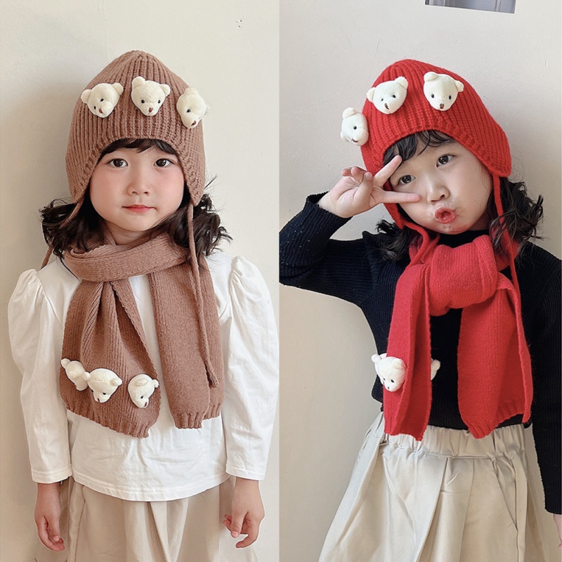 Mũ Len Dệt Kim Giữ Ấm Tai Hình Gấu Siêu Dễ Thương Phong Cách Hàn Quốc Cho Bé