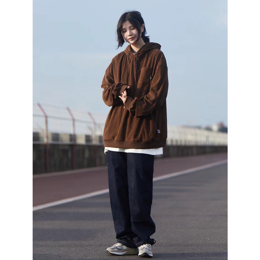 Áo Hoodie Nhung Áo Hoodie Dáng Rộng Phối Túi Thời Trang Retro Đơn Giản Cá Tính Cho Nam áo hoodie nữ form rộng