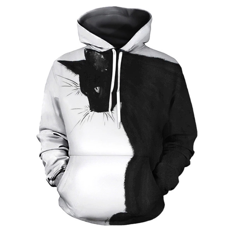Áo Hoodie In Hình Mèo Trắng Đen 3D Thời Trang Harajuku Đường Phố 2022