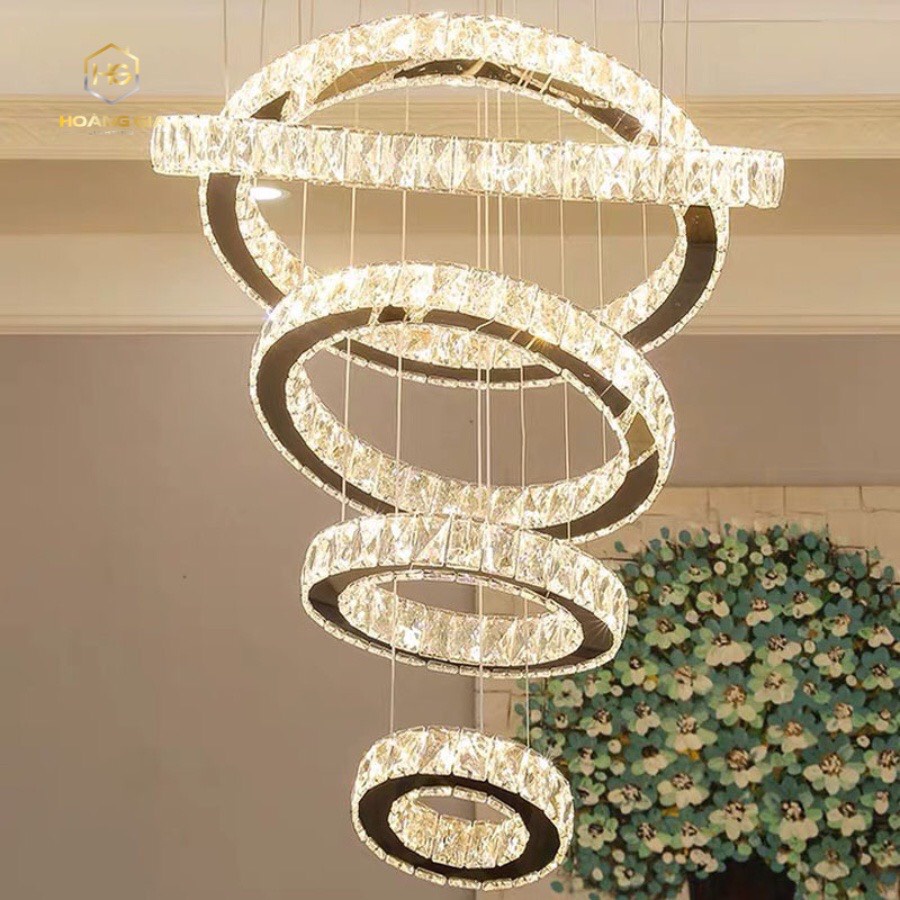 Đèn thả thông tầng 5 vòng pha lê bản to có 3 chế độ ánh sáng,Đèn thả cho trần nhà cao có dây rút tùy chỉnh
