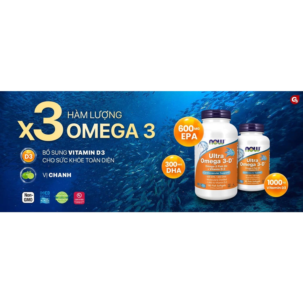 Viên uống Now Ultra Omega 3-D, 600 EPA / 300 DHA Fish Oil + Vitamin D-3 nhập khẩu Mỹ