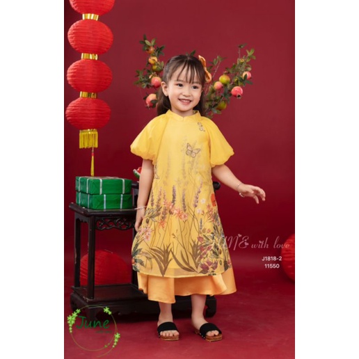 ÁO DÀI TẾT DẠNG ĐẦM VÁY VOAN TƠ TAY PHỒNG CÁCH TÂN BÉ GÁI HAIVANCO 10 đến 40 kg mềm mại và thoáng mát hoa văn độc đáo