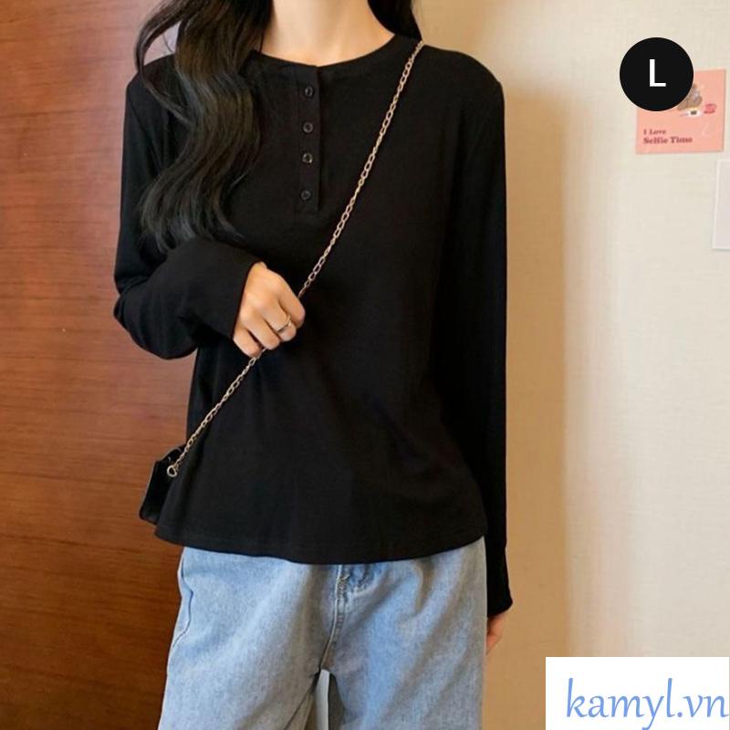 Áo Tay Dài Dày ấm Áp Nữ Có Nút Màu Trơn Co Dãn Phong Cách Hàn Quốc 2 Màu, Áo Dáng Ôm