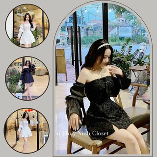 Đầm xốp gấm 2 dây bẹt vai phối tay voan, váy tiểu thứ