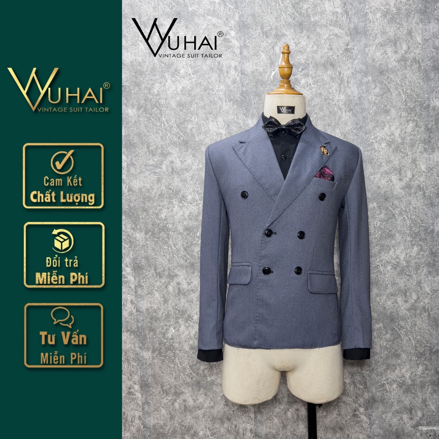 Bộ nam cao cấp 6 cúc màu xanh, cổ bản ve tao đột chỉ đẹp-VuHai