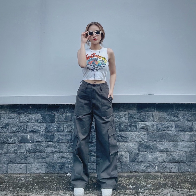 Quần Kaki Jean Ống Rộng Nâu đất Xám Xanh ống rộng lưng cao cực cá tính