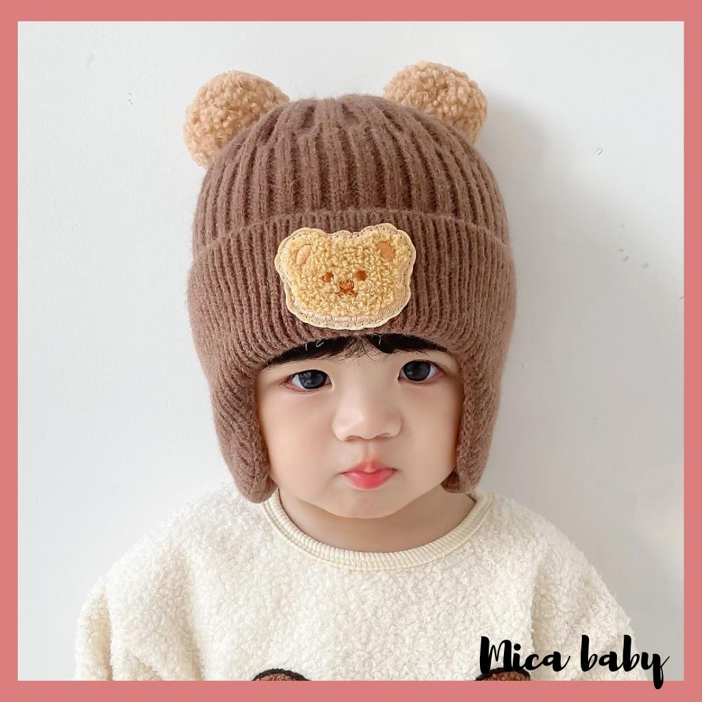 Mũ len bịt tai cục bông đính gấu dễ thương cho bé ML214 Mica baby