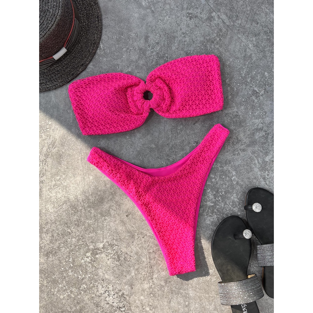 SET BIKINI ĐEN/TRẮNG/TÍM LILAC/HỒNG/XANH BLUE QUÂY VẢI VÂN KHUY TRÒN NGỰC