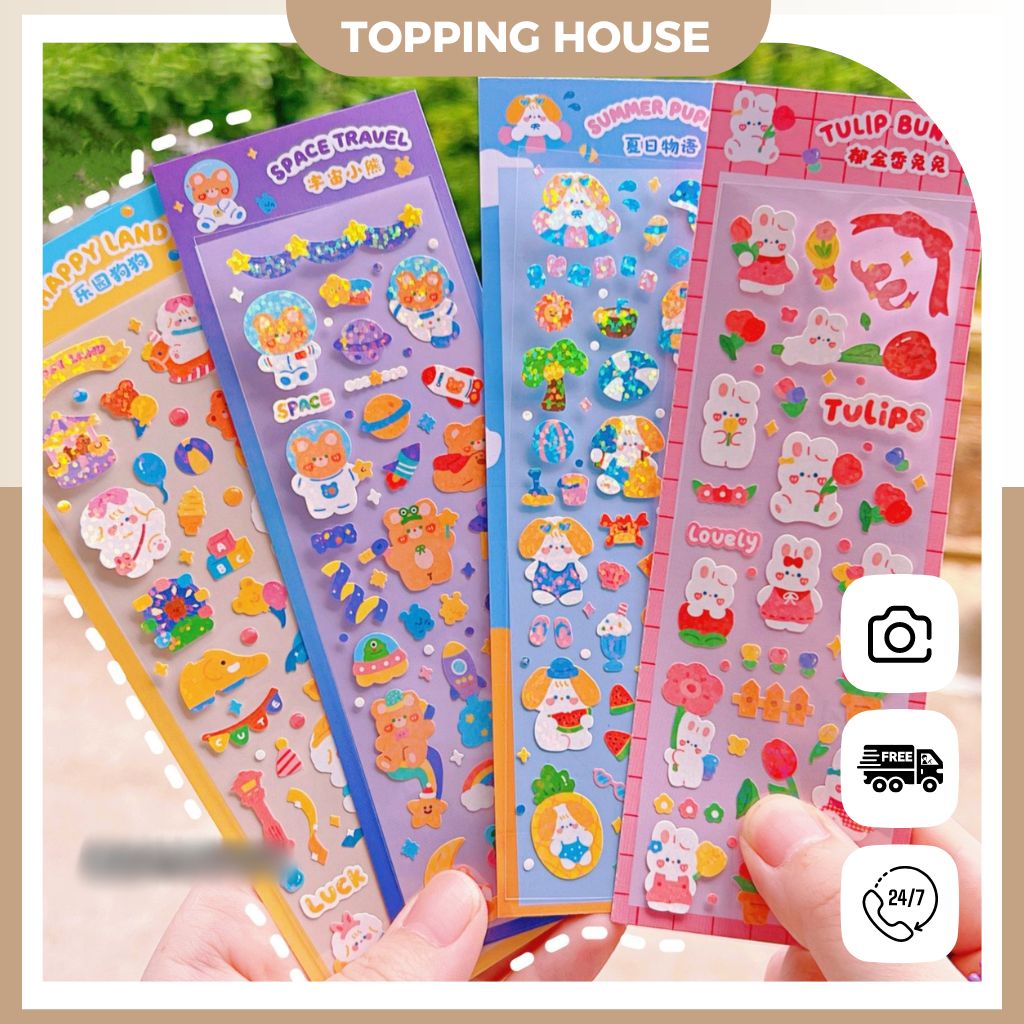 Sticker Hình Dán Trang Trí Toploader Lấp Lánh PET, Miếng Dán Họa Tiết Hoạt Hình - Topping House - DC34