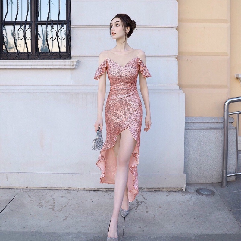 Đầm da hội đuôi cá kim sa. Clip. Nhập QC