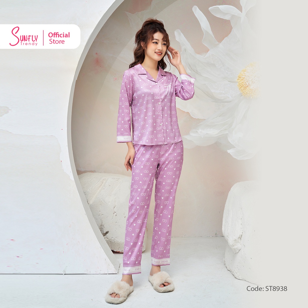 Bộ Đồ Mặc Nhà Nữ Pijamas Lụa Vân Gỗ Sunfly Áo Dài Quần Dài ST8938