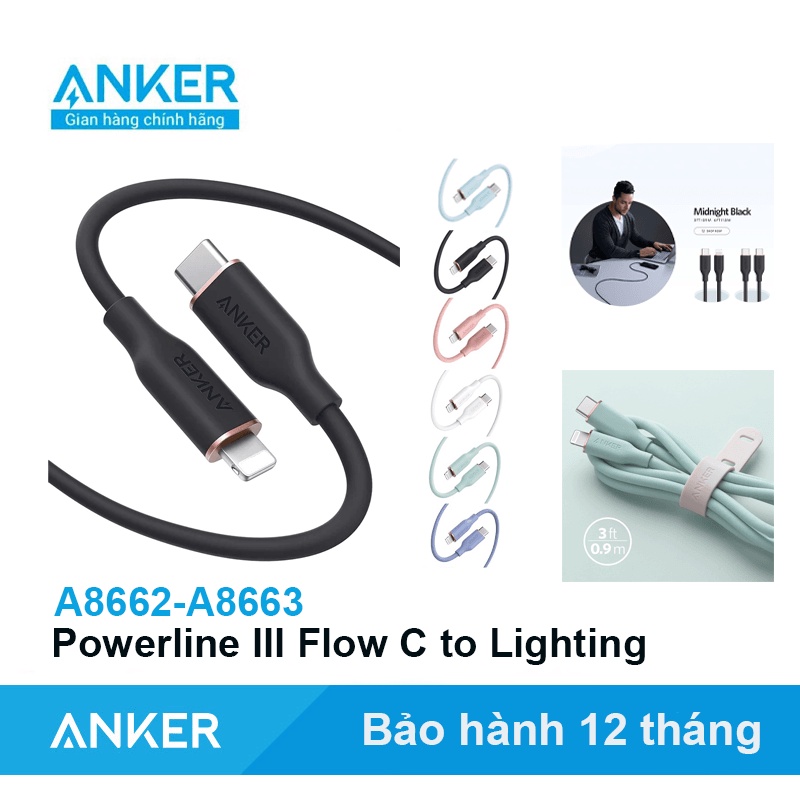 Cáp sạc ANKER C To Lighting Powerline III Flow Siêu mềm Siêu Bền - A8662 A8663 Dài 0.9 Mét 1.8 Mét BH 12 Tháng