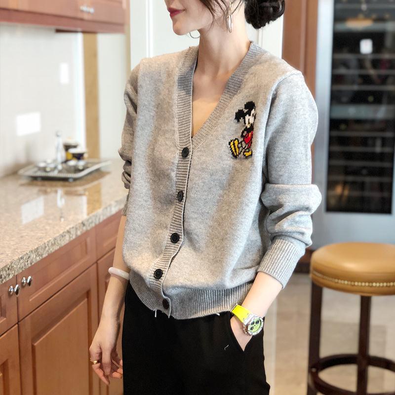 Áo Khoác Cardigan Dệt Kim Dáng Rộng In Hình Chuột Mickey Thời Trang Xuân Thu Cho Nữ