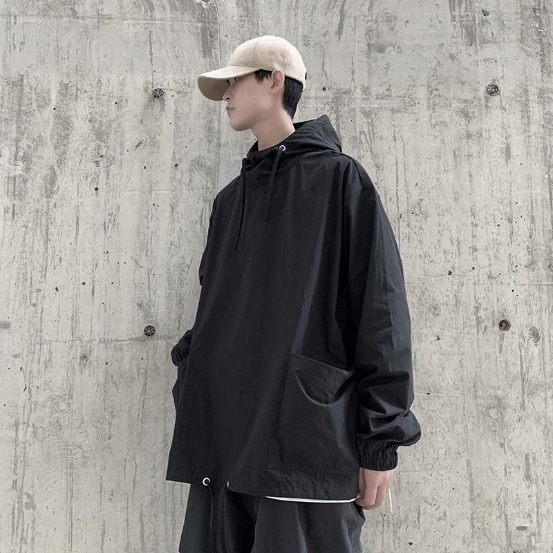 Áo khoác bomber nam nỉ áo khoác dù gió  Áo Khoác Hoodie Chui Đầu Dáng Rộng Màu Trơn Phối Dây Rút Kiểu Nhật Bản Thời Trang Xuân Thu Cho Nam