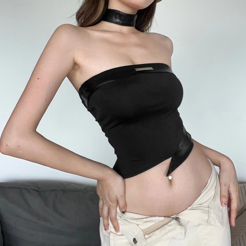 Weird Puss Set áo croptop không dây + vòng cổ phong cách mùa hè thời trang đường phố Châu Âu dành cho nữ