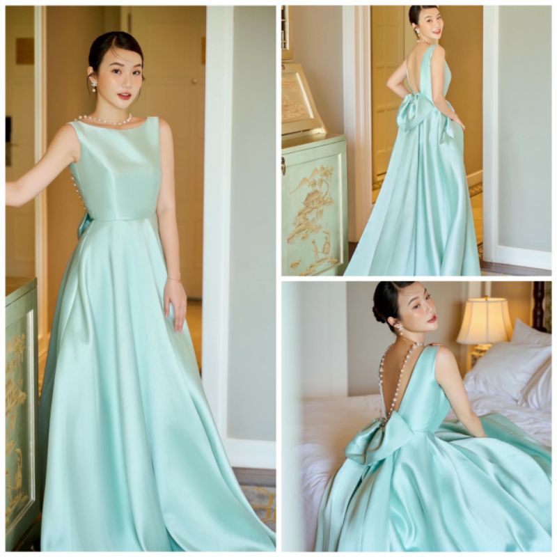 Đầm Nàng dâu cổ thuyền xẻ tim nơ lưng, phù hợp cưới hỏi, sinh nhật, concept, prom, ngoại cảnh, event